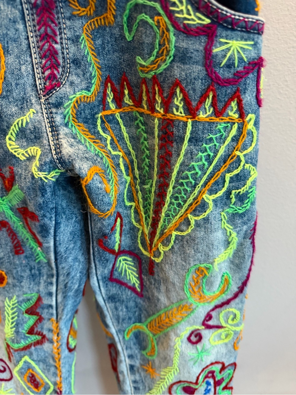 Custom Hand Embroidered Denim Overalls Light Wash Acid Jeans Neon Folk Art Style - Picture 6 of 11